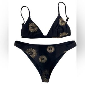 L*SPACE BIKINI. BLACK WITH GOLD SUN AND MOON DESIGN. *TOP SMALL. BOTTOM MED*